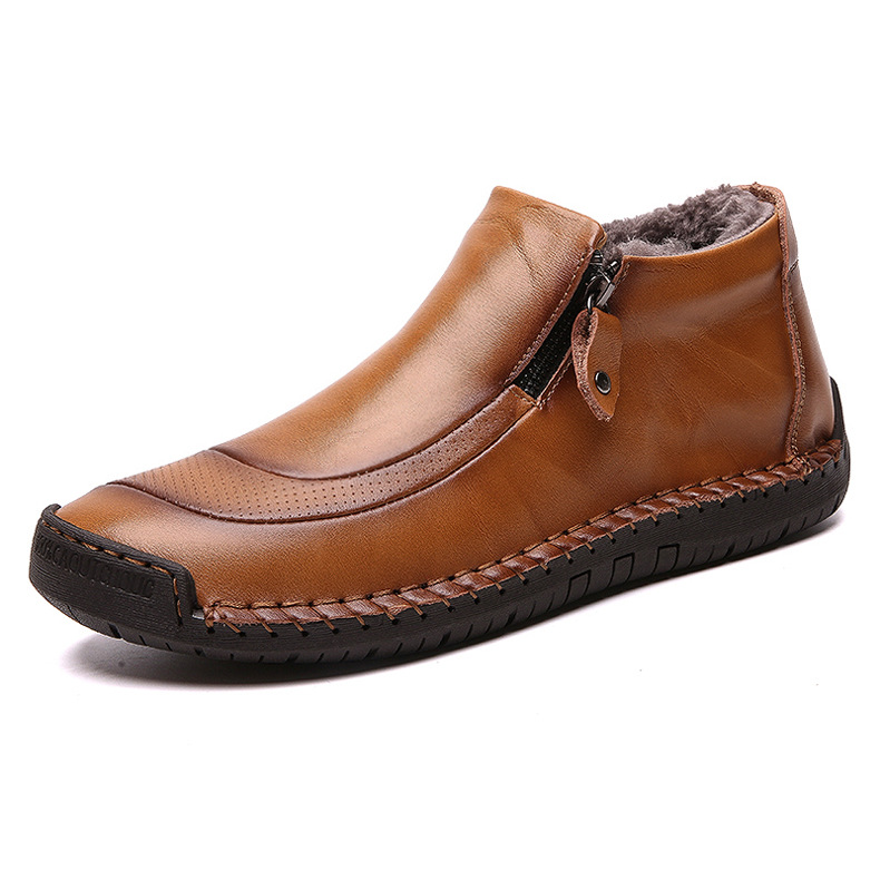 Men Leather Hand Stitching Side Zipper Comfy Soft Ankle Boots