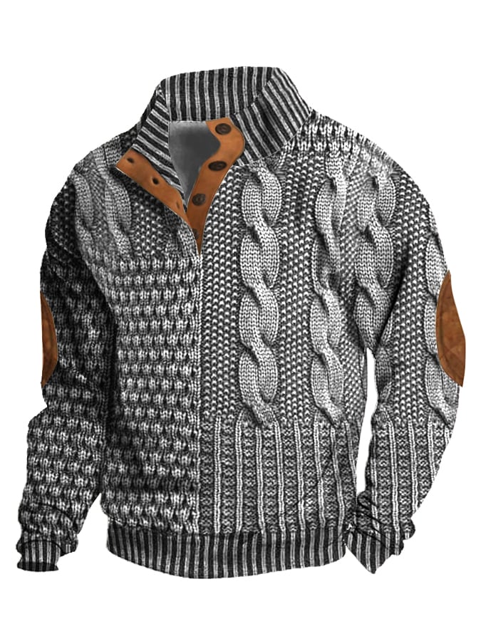 Men's Casual Retro Print Stand Collar Button Sweatshirt