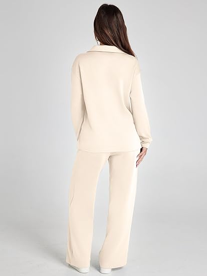 Women's Casual Long Sleeve Sweatsuits Polo Top and Wide Leg Pants Matching Sets