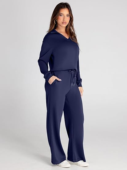 Women's Casual Long Sleeve Sweatsuits Polo Top and Wide Leg Pants Matching Sets
