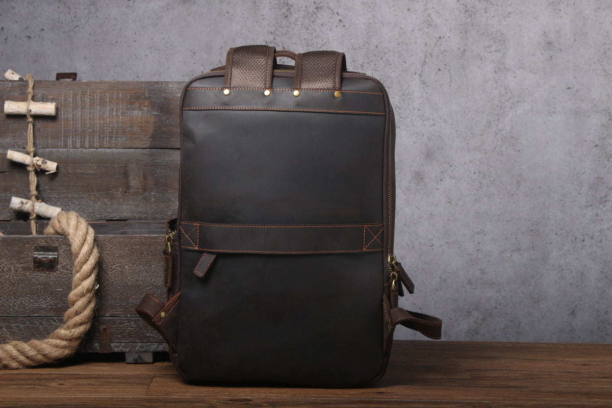 trendy bohemian style cow leather backpack with laptop sleeve