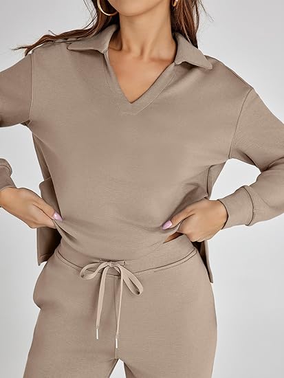 Women's Casual Long Sleeve Sweatsuits Polo Top and Wide Leg Pants Matching Sets