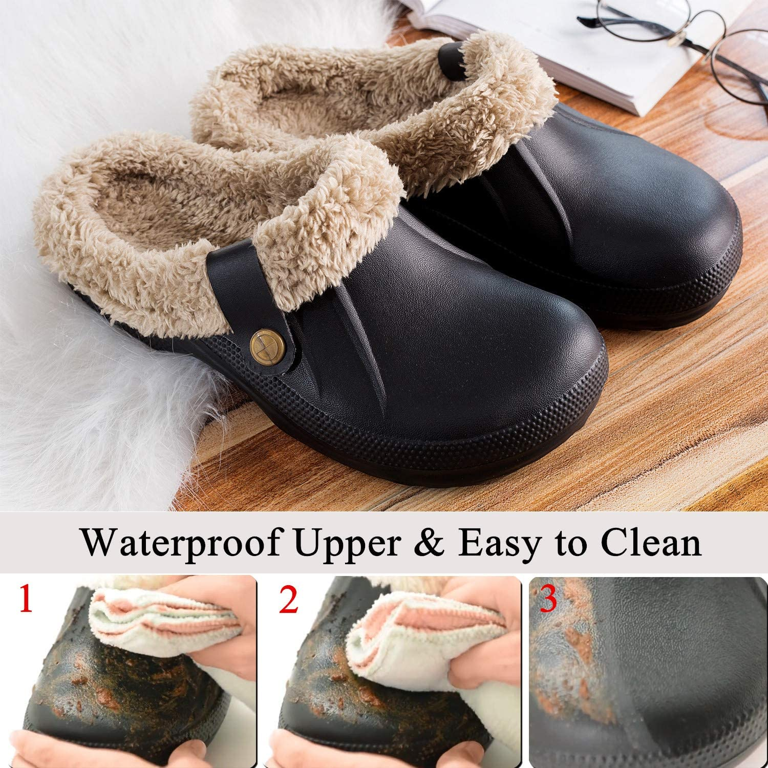 Men's Comfort Winter Warm Fleece Lined Mules Slippers Waterproof Indoor Outdoor Non-slip House Shoes