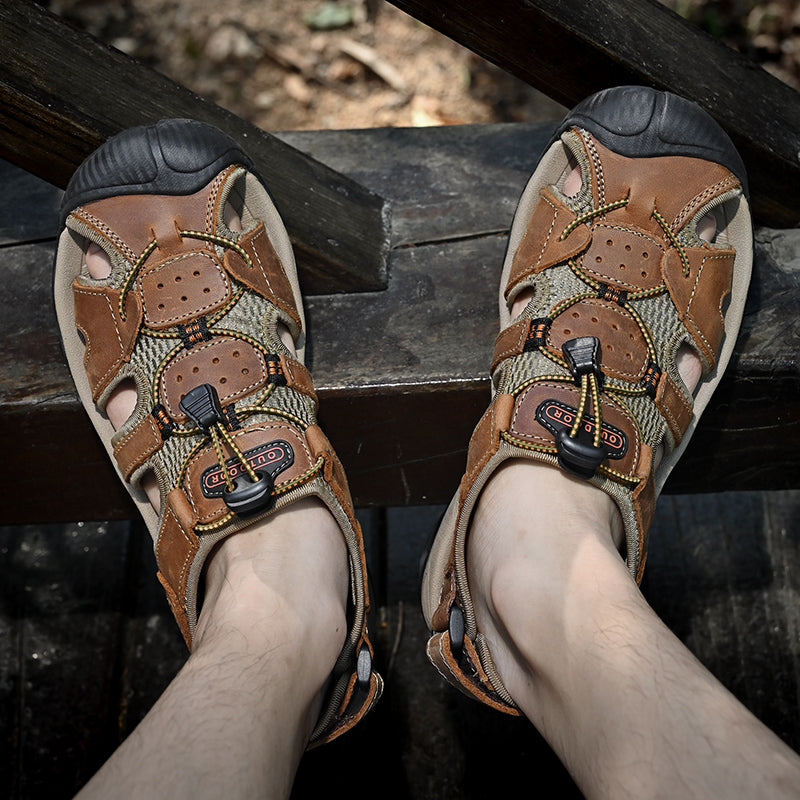 Sinarey  Men's Sandals Arch Support Casual Genuine Leather Summer Outdoor Beach Fisherman Sandals