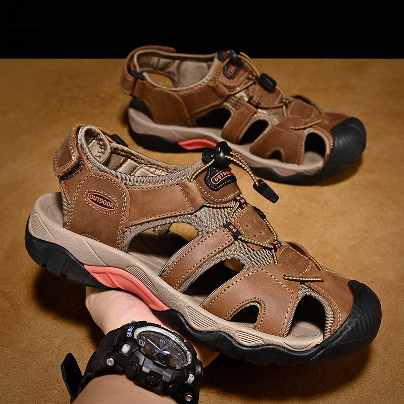 Sinarey  Men's Sandals Arch Support Casual Genuine Leather Summer Outdoor Beach Fisherman Sandals