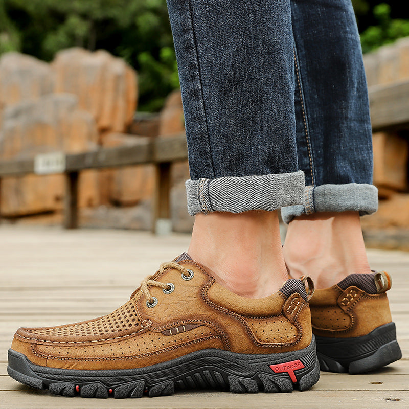 Sinarey®-With Laces For Summer-Men's Breathable Mesh Hiking leather Shoes With Supportive Soles
