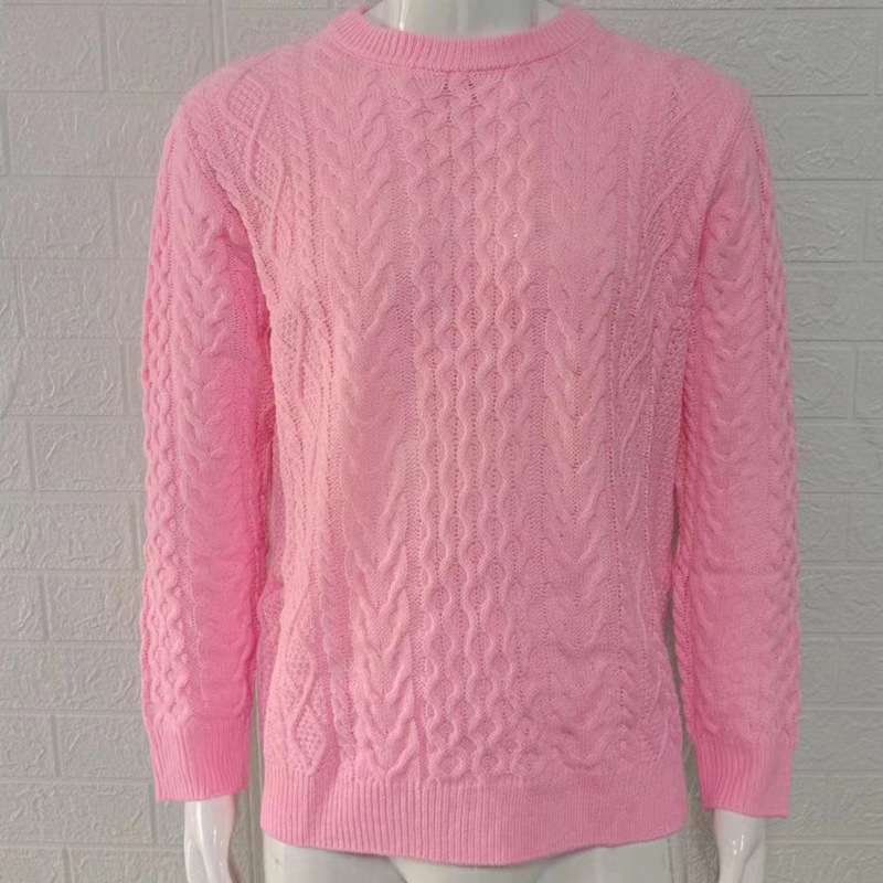 Cross-border pink sweater for men 2023 autumn and winter new solid color pullover knitted cable sweater European and American Amazon men's clothing