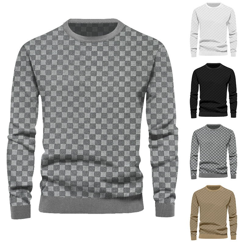 Men's Sweaters Jacquard Checkerboard Casual Bottoming Long-Sleeved Tops