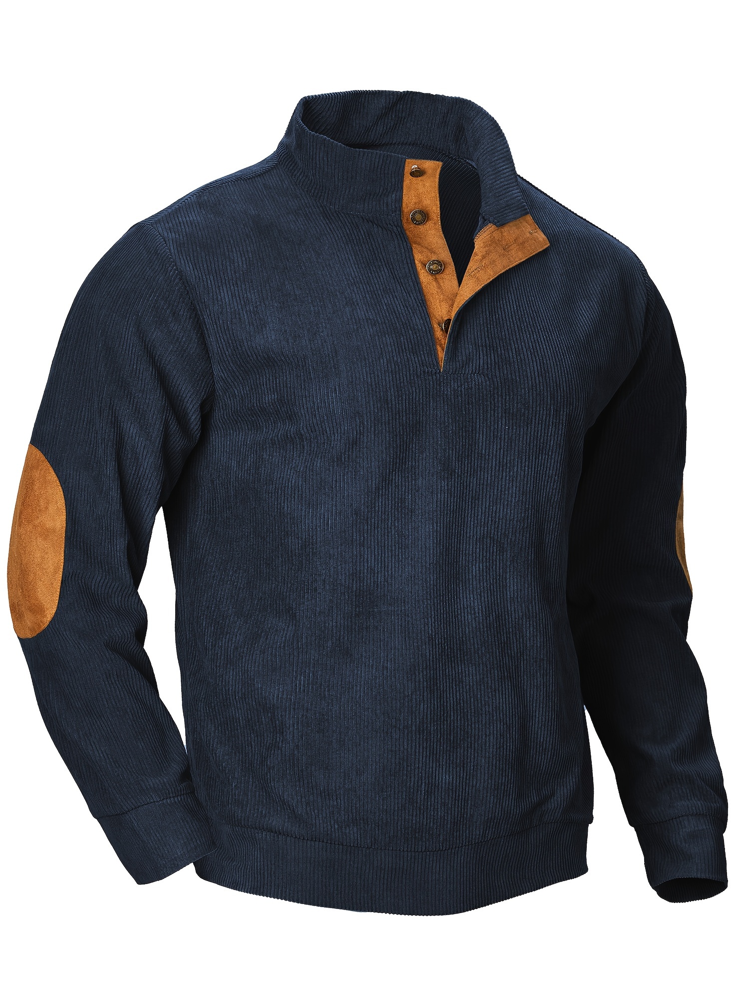 Corduroy Men's Casual Retro Stand Collar Thick Long Sleeve Henry Shirt,