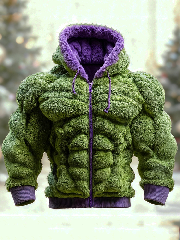 Men's Christmas Green Muscle Line Cozy Plush Full Zip Hoodie