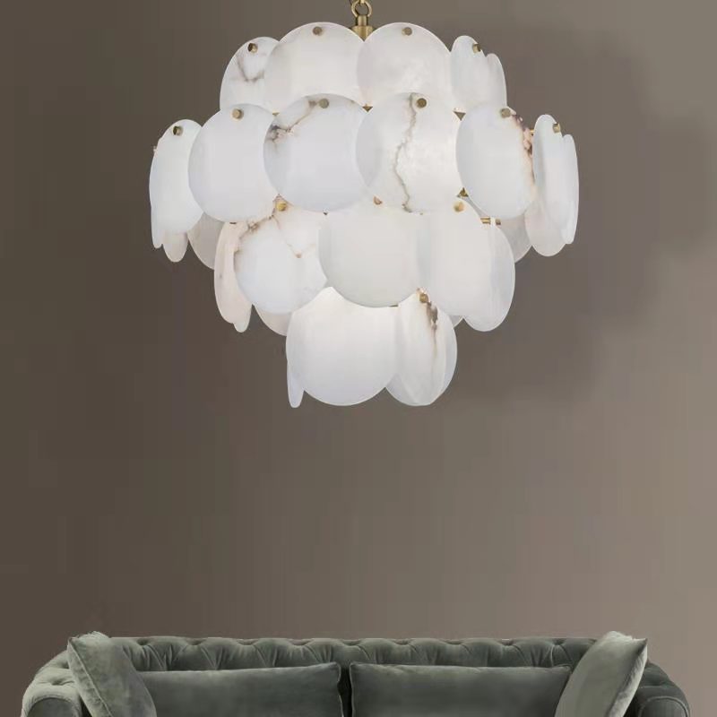 Modern Round Alabaster Pendant Light, Luxurious Round Chandelier angled view
