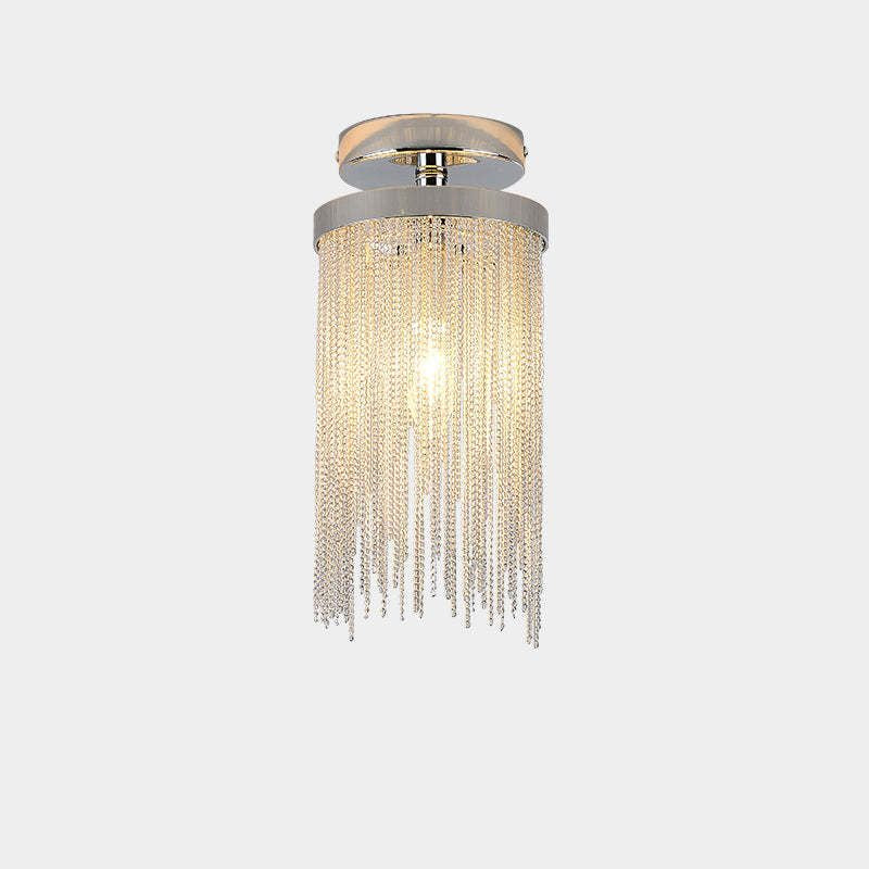 Tassel aluminum ceiling light with a silver-tone canopy and hanging chains