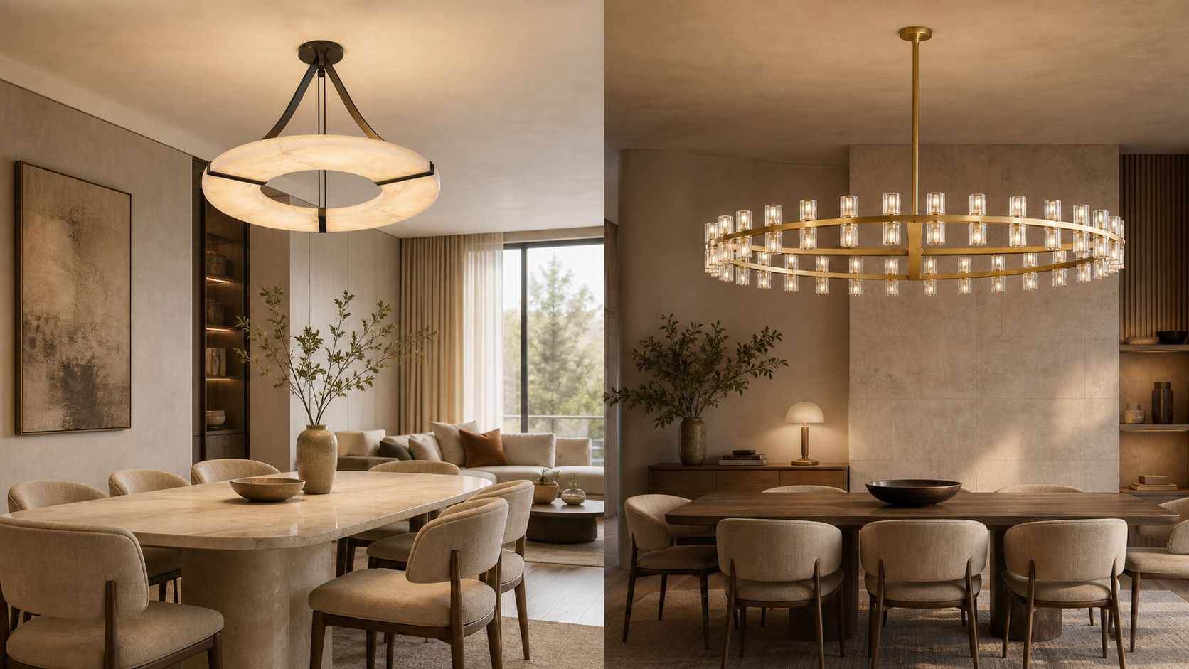 Alabaster and glass chandeliers compared in a warm modern dining room interior