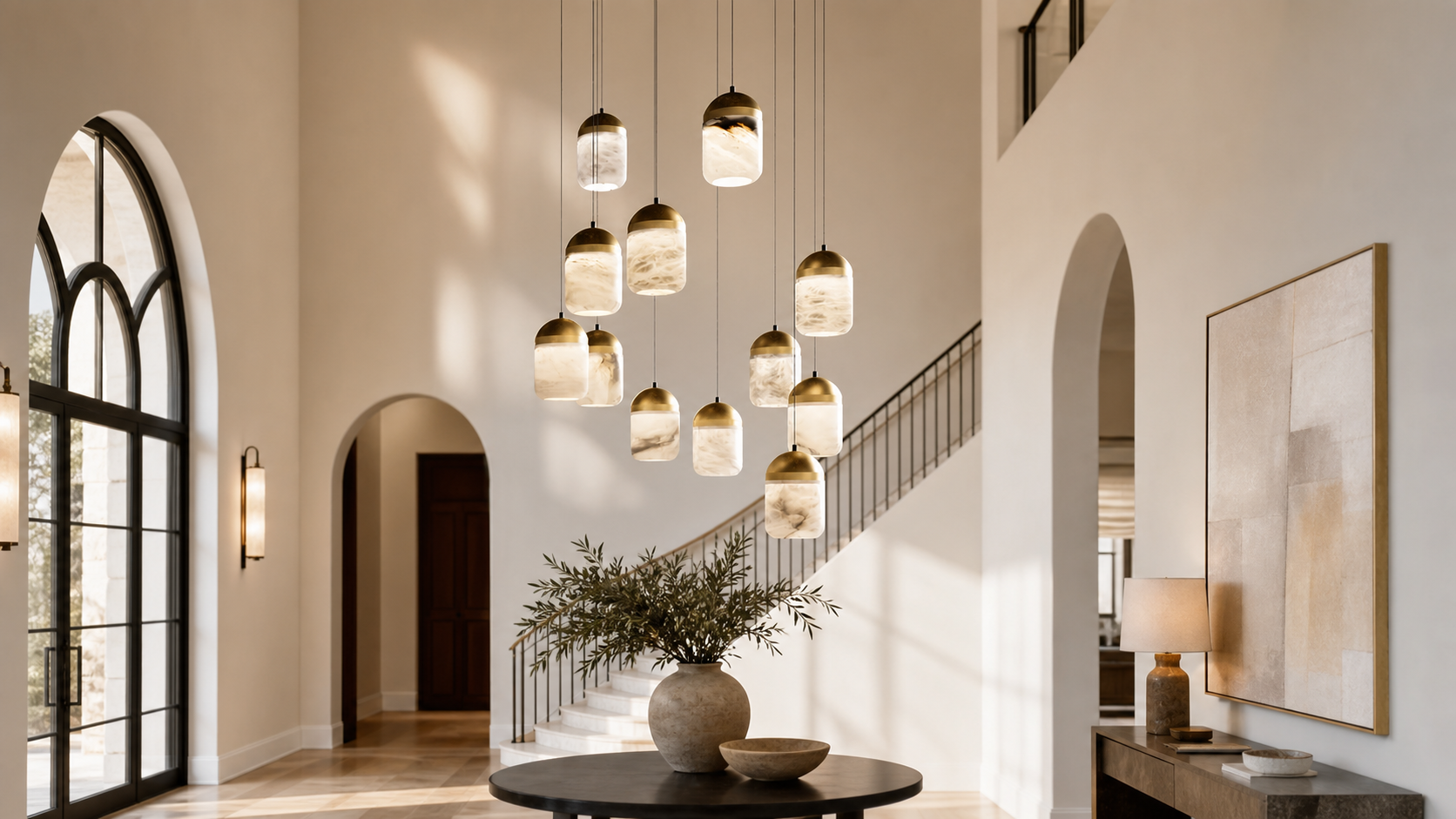 Modern foyer chandelier in a high-ceiling entryway with warm alabaster lighting