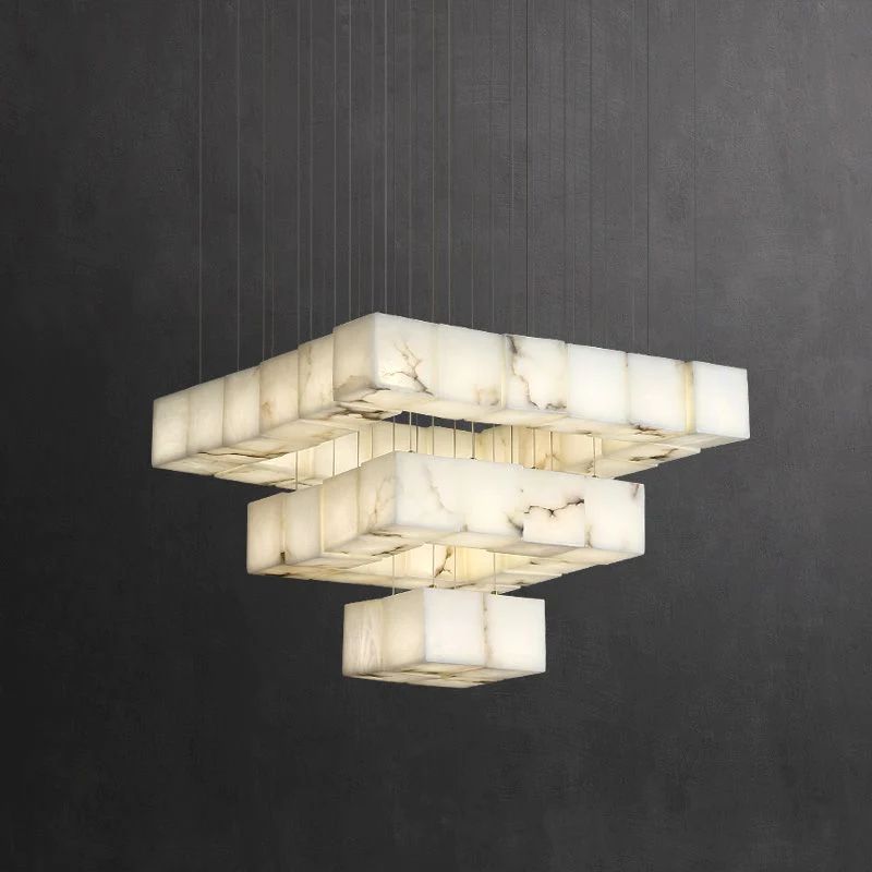 Alabaster Cubic Foyer Staircase Long Chandelier detail view