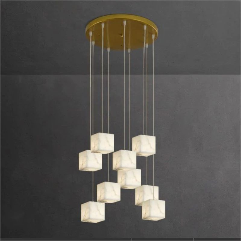 Alabaster Cubic Foyer Staircase Long Chandelier front view