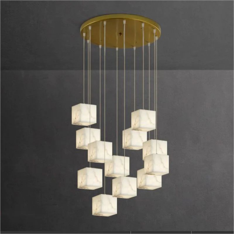 Alabaster Cubic Foyer Staircase Long Chandelier angled view