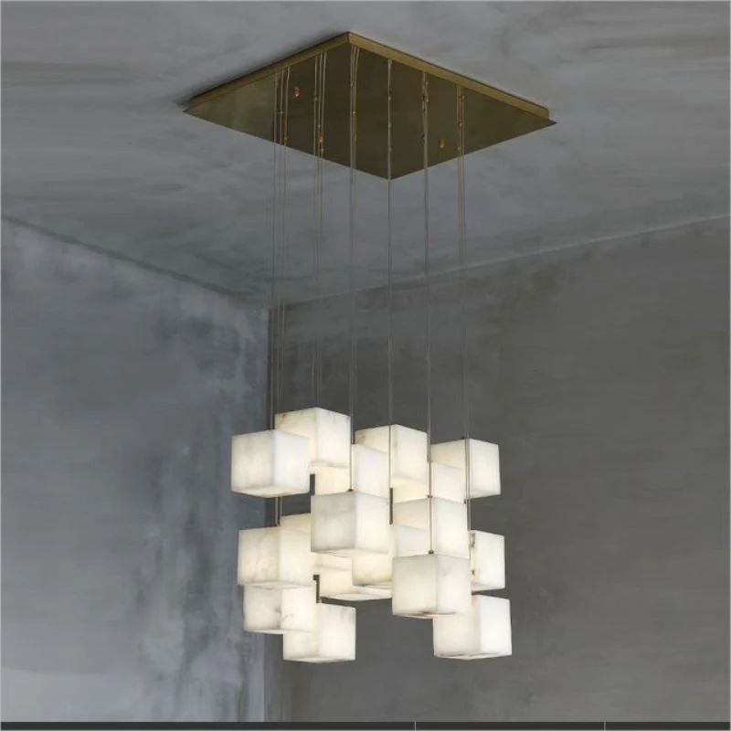 Alabaster Cubic Foyer Staircase Long Chandelier detail view