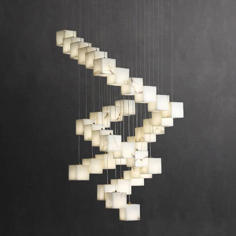 Alabaster Cubic Foyer Staircase Long Chandelier detail view