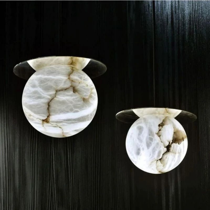 Alabaster Sphere Pendant Light Above Bed detail view