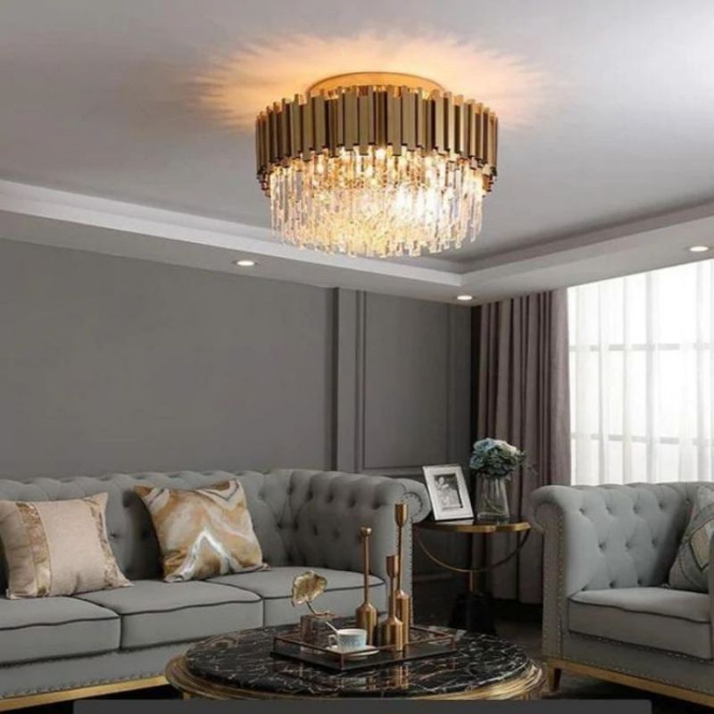 Bourbons Flush Mount Chandelier in crystal and stainless steel