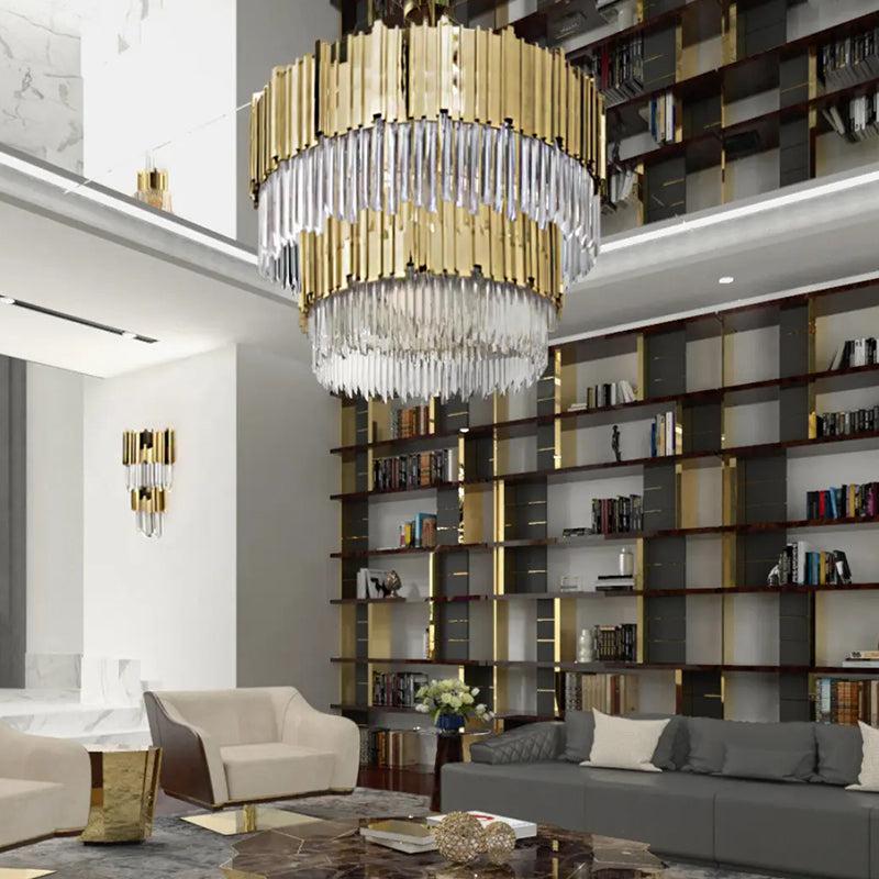 Brilliant Decorative 2-Tier Round Chandelier in crystal, glass, and stainless steel