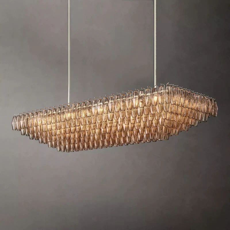 Chara Smoke Glass Tiered Rectangular Chandelier 74 inch front view