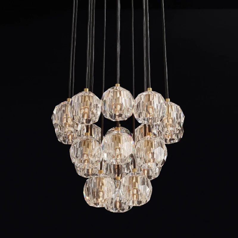 Cristal Glass Round Cluster Chandelier 19" in crystal and brass