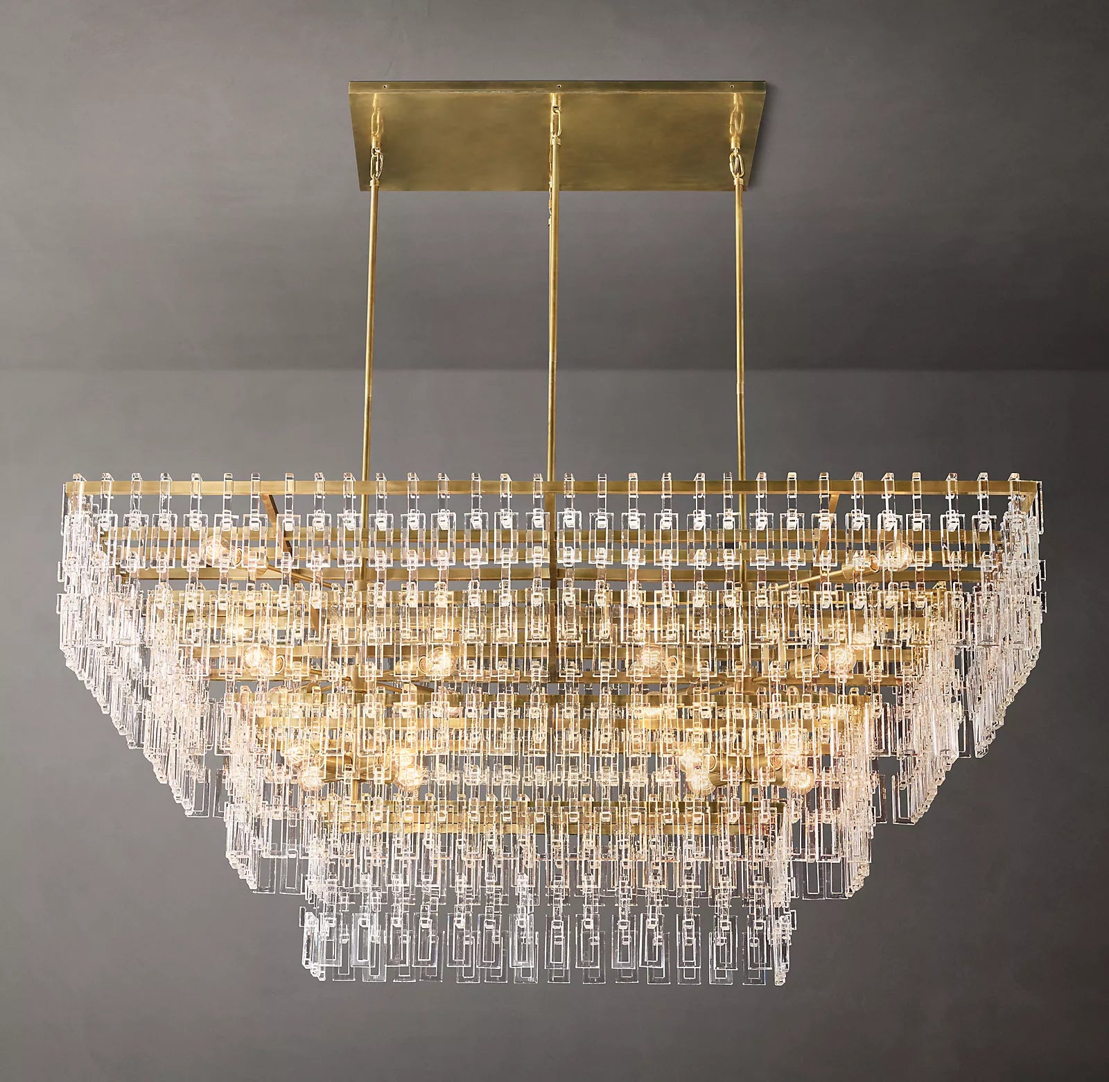 Miranda 4-Tier Rectangular Chandelier 72" in glass and brass