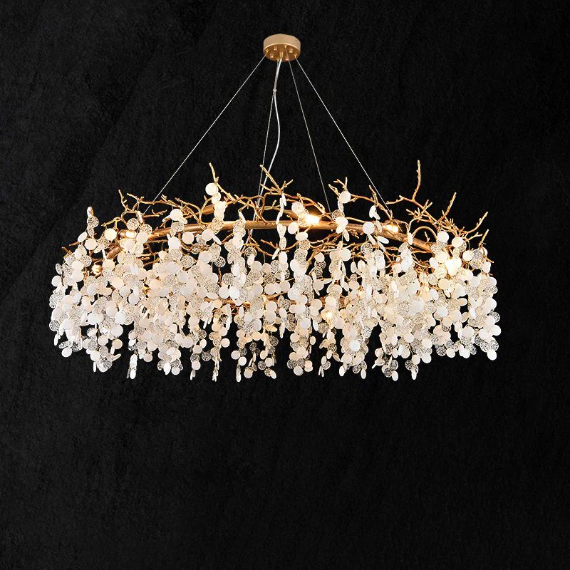 Round brass branch chandelier with hanging glass leaves