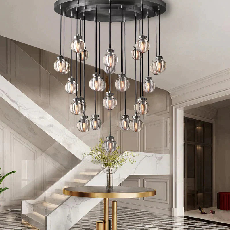 Pearl Spherical Modern Round Chandelier 38" in crystal and brass