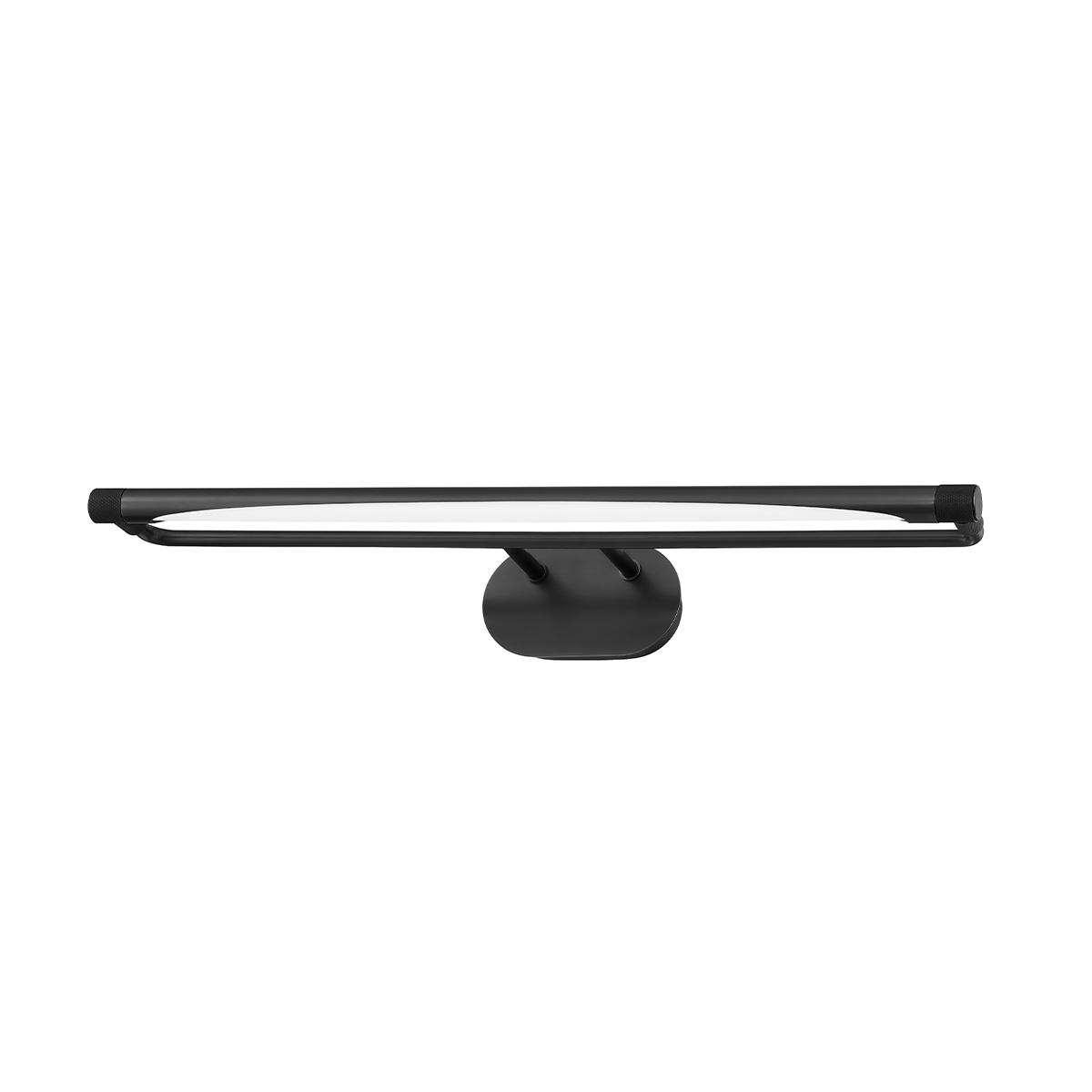 Linear picture light with a dark finish and oval backplate