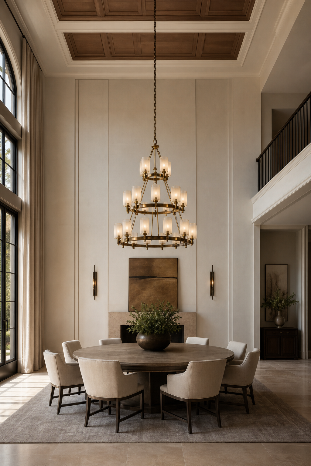 statement chandelier in a high ceiling dining room