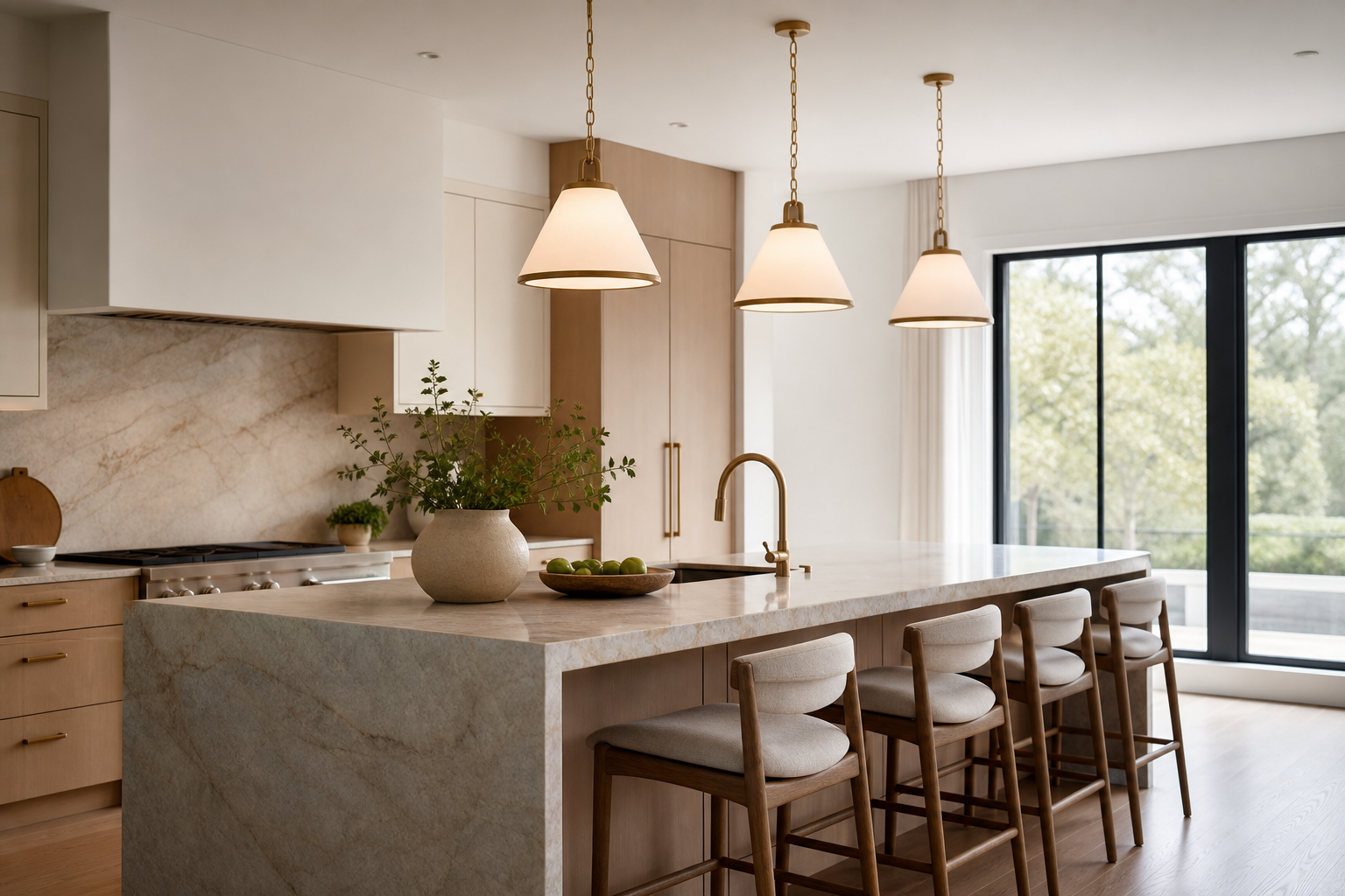 pendant lights hanging at a balanced height above a kitchen island