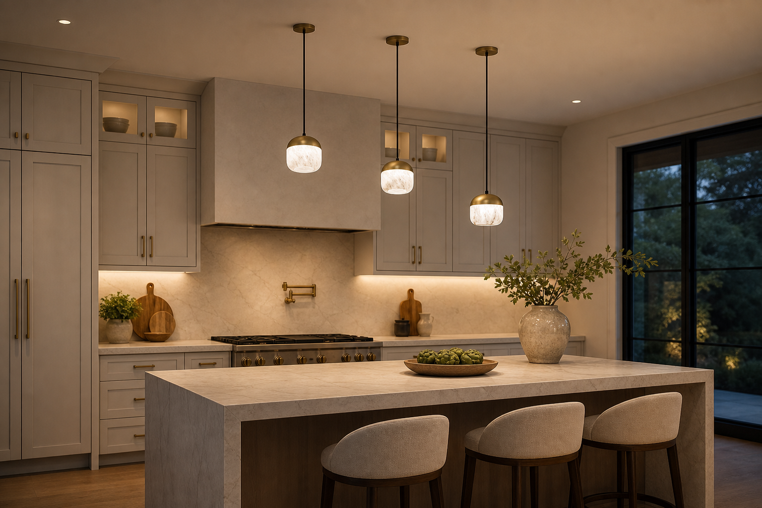 Three alabaster pendant lights above a modern kitchen island