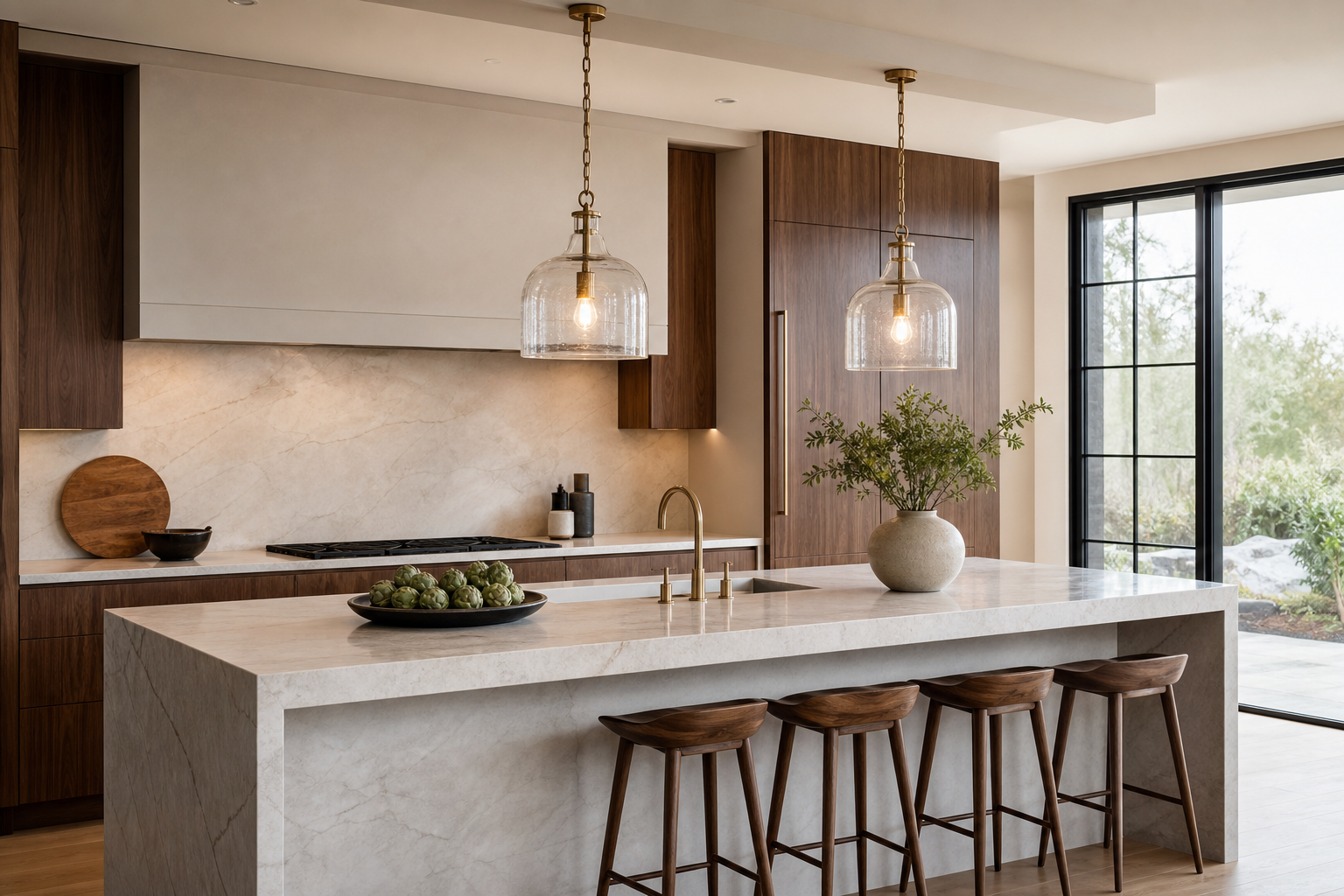 two glass pendant lights evenly spaced above a kitchen island