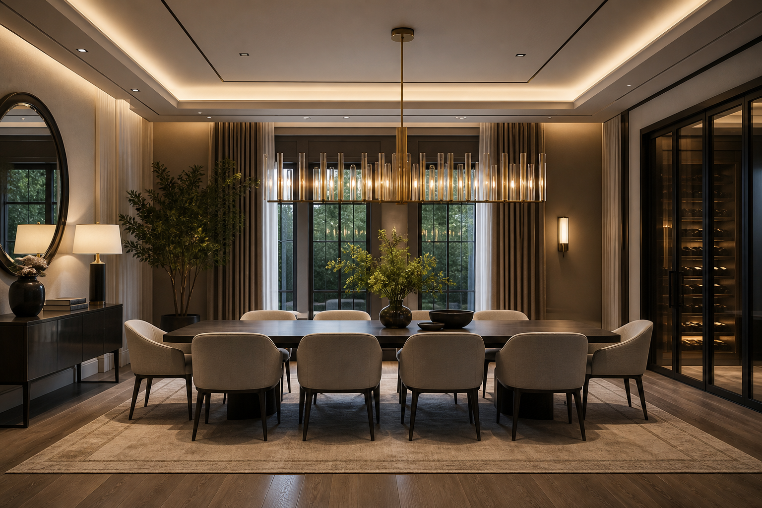 linear chandelier over rectangular dining table