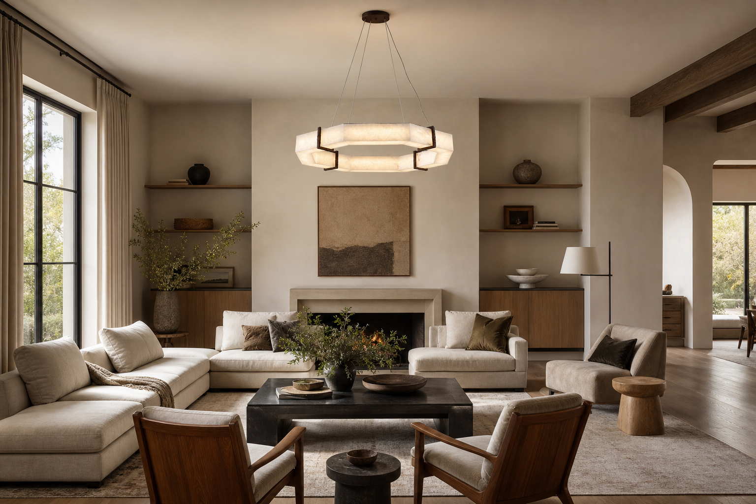 Octagonal alabaster chandelier above a balanced modern living room seating area