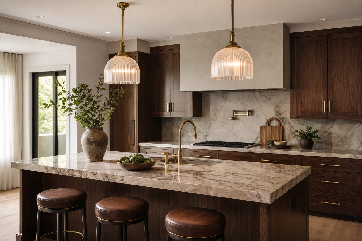 glass pendant lights above a kitchen island