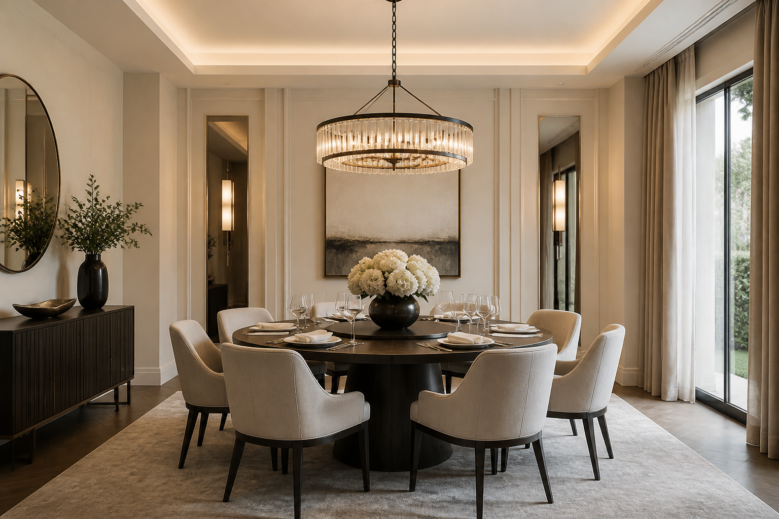 round chandelier above round dining table