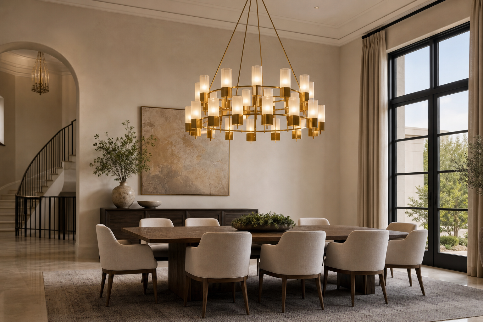 statement chandelier above a dining room table
