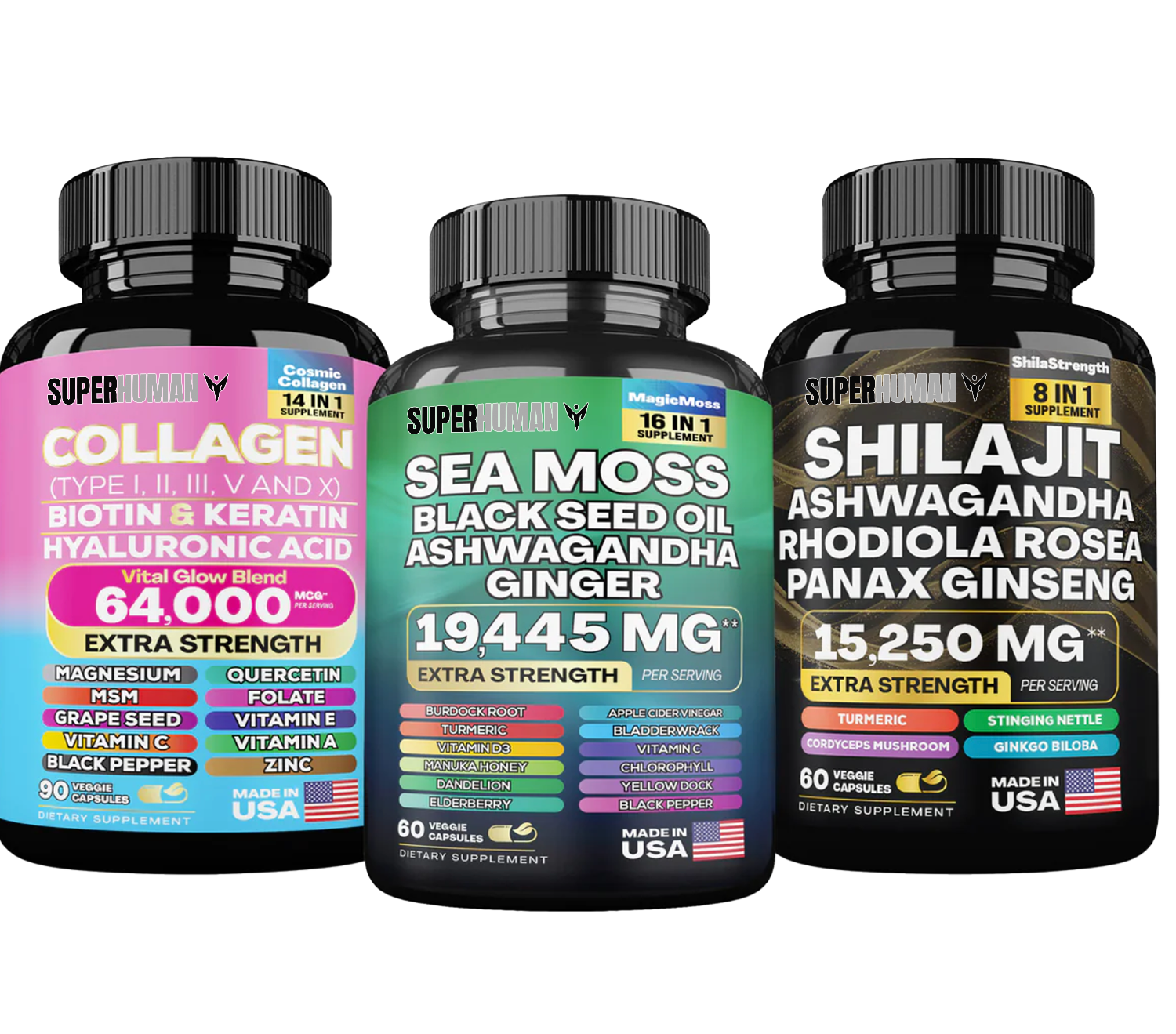 SuperHuman™Sea Moss 16-in-1 Magic Blend +Shilajit 8-in-1 Bulletproofblend+Collagen 14-in-1 Anti-Agingprotein Blend