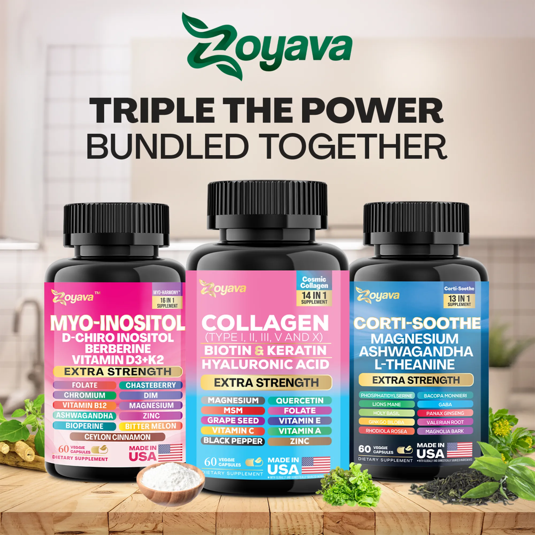 Zoyava™ She Shines Set - Ultimate Women's All-in-One Supplement with Corti-Soothe, Myo-Inositol, Collagen & Extra Strength Ingredients