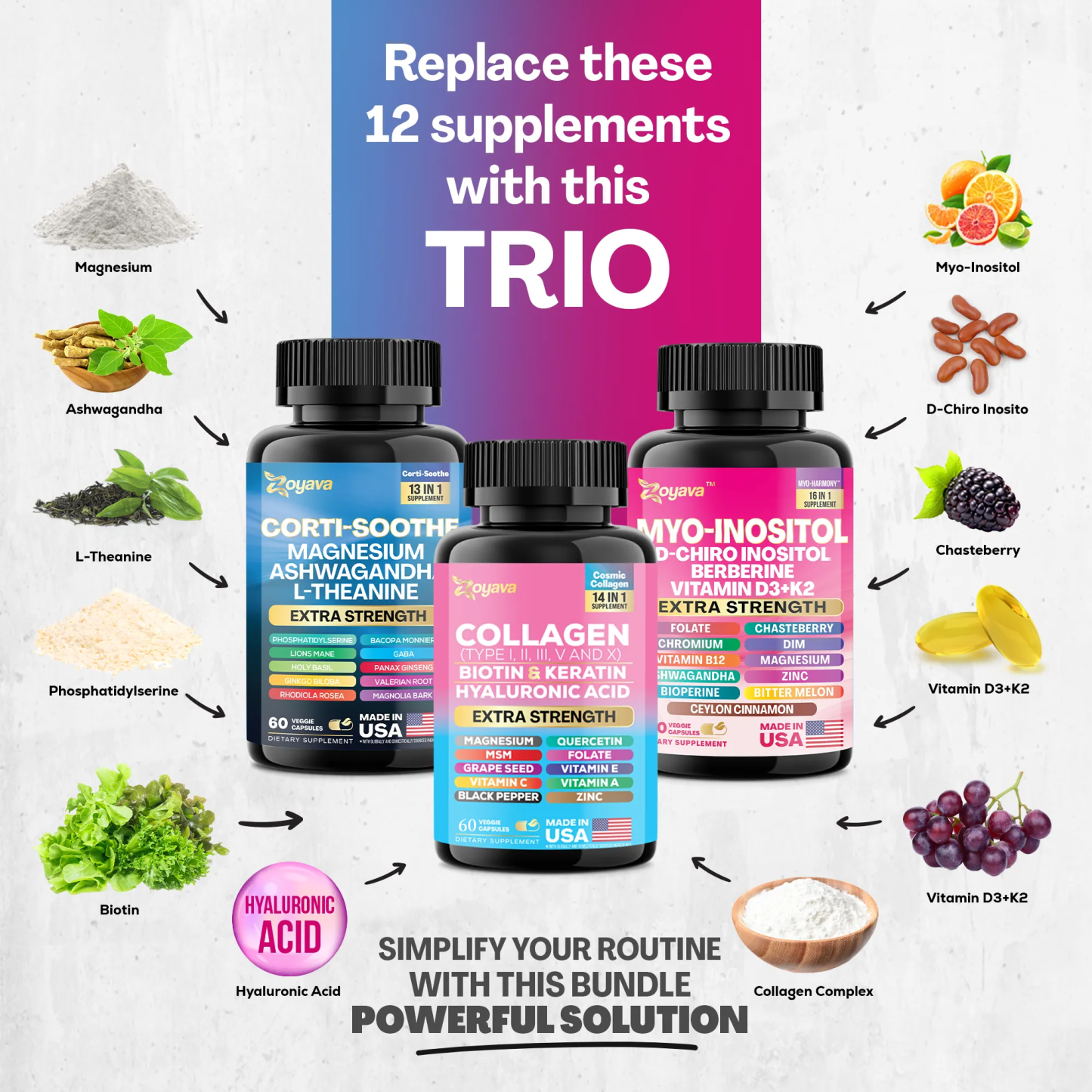 Zoyava™ She Shines Set - Ultimate Women's All-in-One Supplement with Corti-Soothe, Myo-Inositol, Collagen & Extra Strength Ingredients