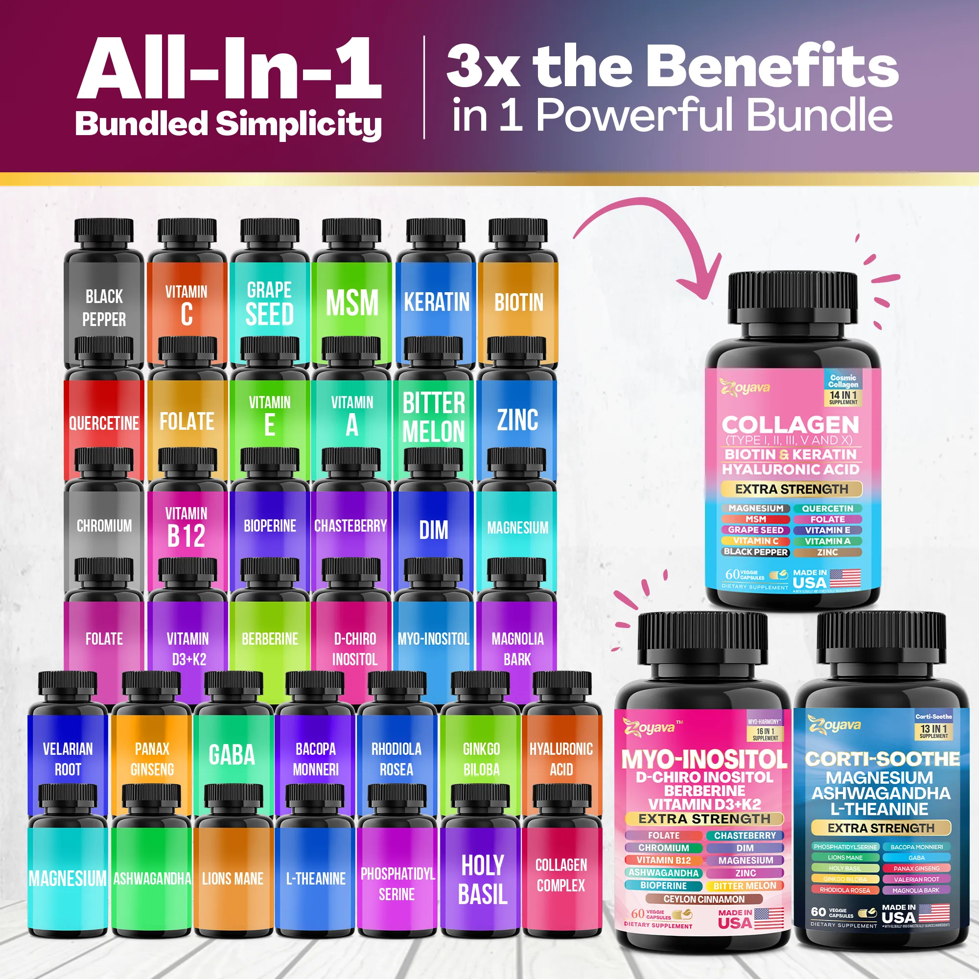 Zoyava™ She Shines Set - Ultimate Women's All-in-One Supplement with Corti-Soothe, Myo-Inositol, Collagen & Extra Strength Ingredients