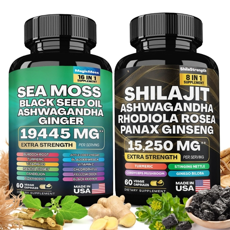 Dynamic Vitality Bundle - Shilajit Pure Himalayan Energy Booster Ashwagandha + Sea Moss Shilajit Black Seed Oil