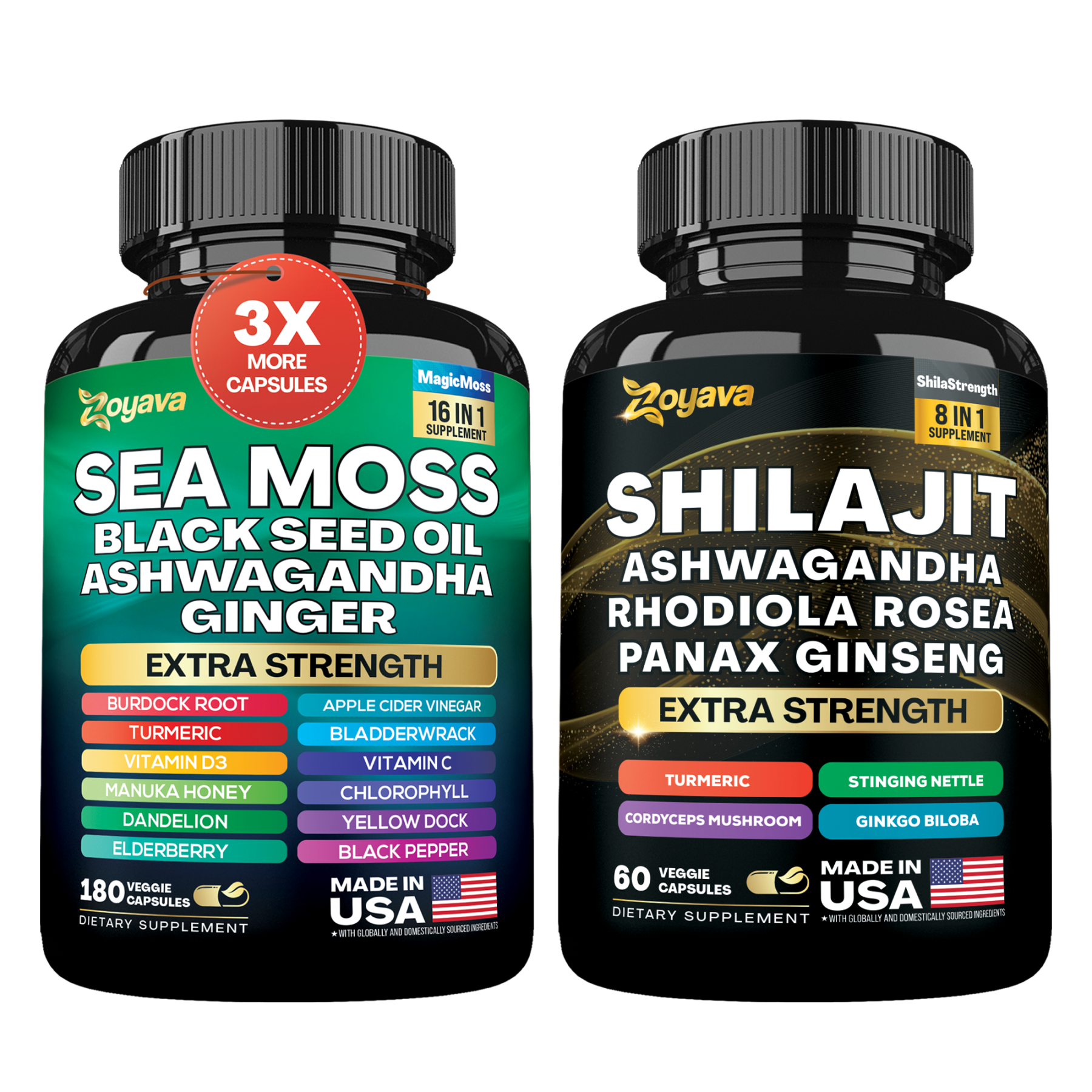 Zoyava™ Vitality Boost Duo: Sea Moss 16-in-1 Magic Moss 180 Caps & Shilajit Power ShilaStrength Blend - Energize Your Life!