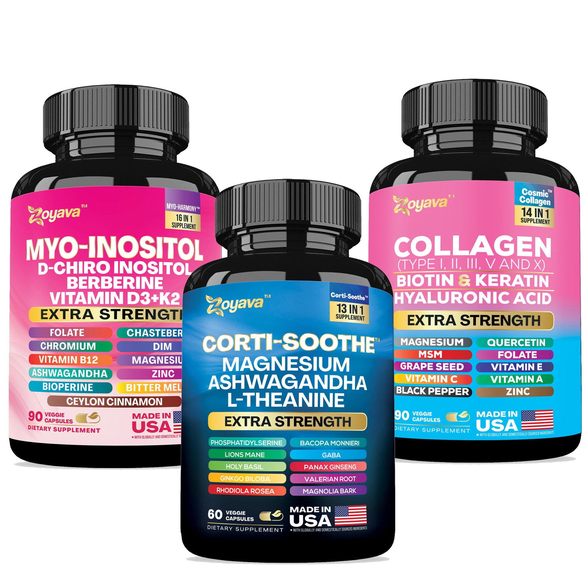Zoyava™ She Shines Set - Ultimate Women's All-in-One Supplement with Corti-Soothe, Myo-Inositol, Collagen & Extra Strength Ingredients