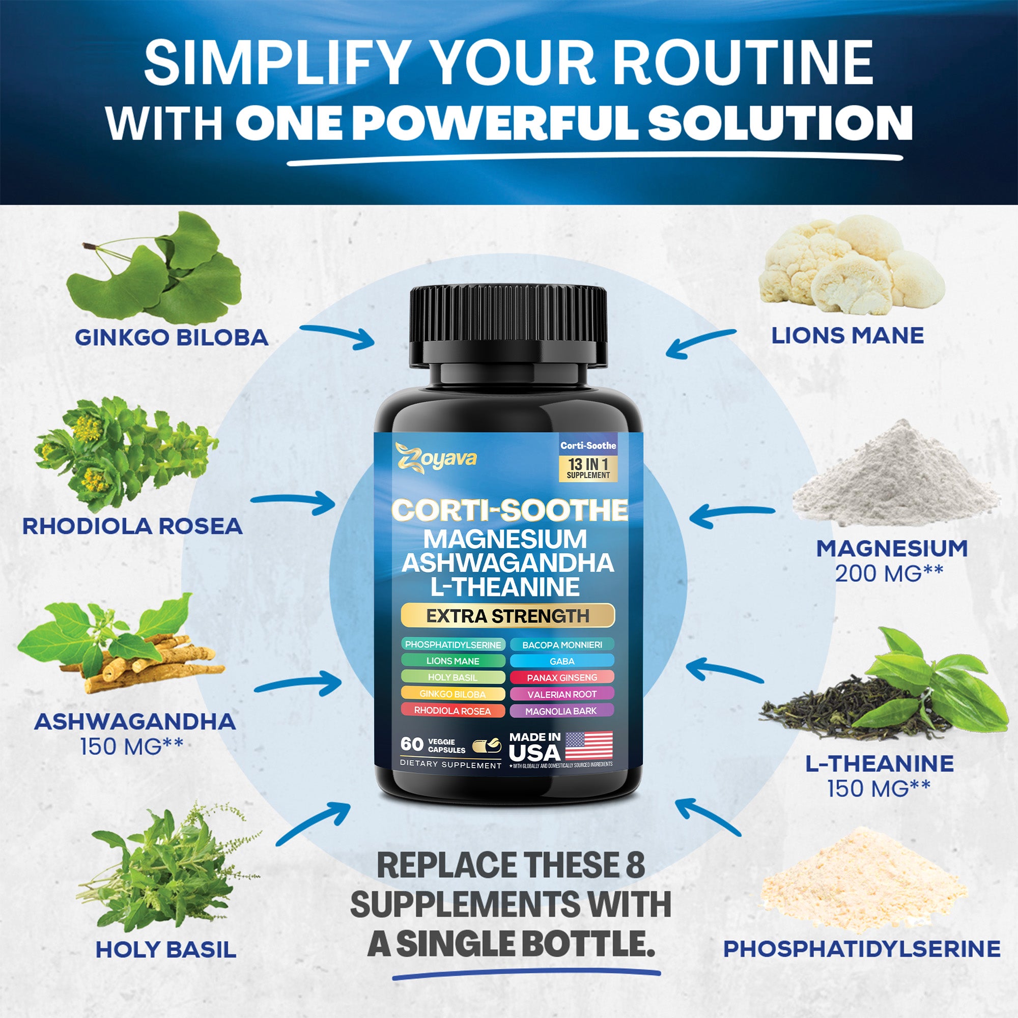 Zoyava™ Ultimate Corti-Soothe Balance: Stress Relief, Calm, and Cognitive Boost - 60 Caps