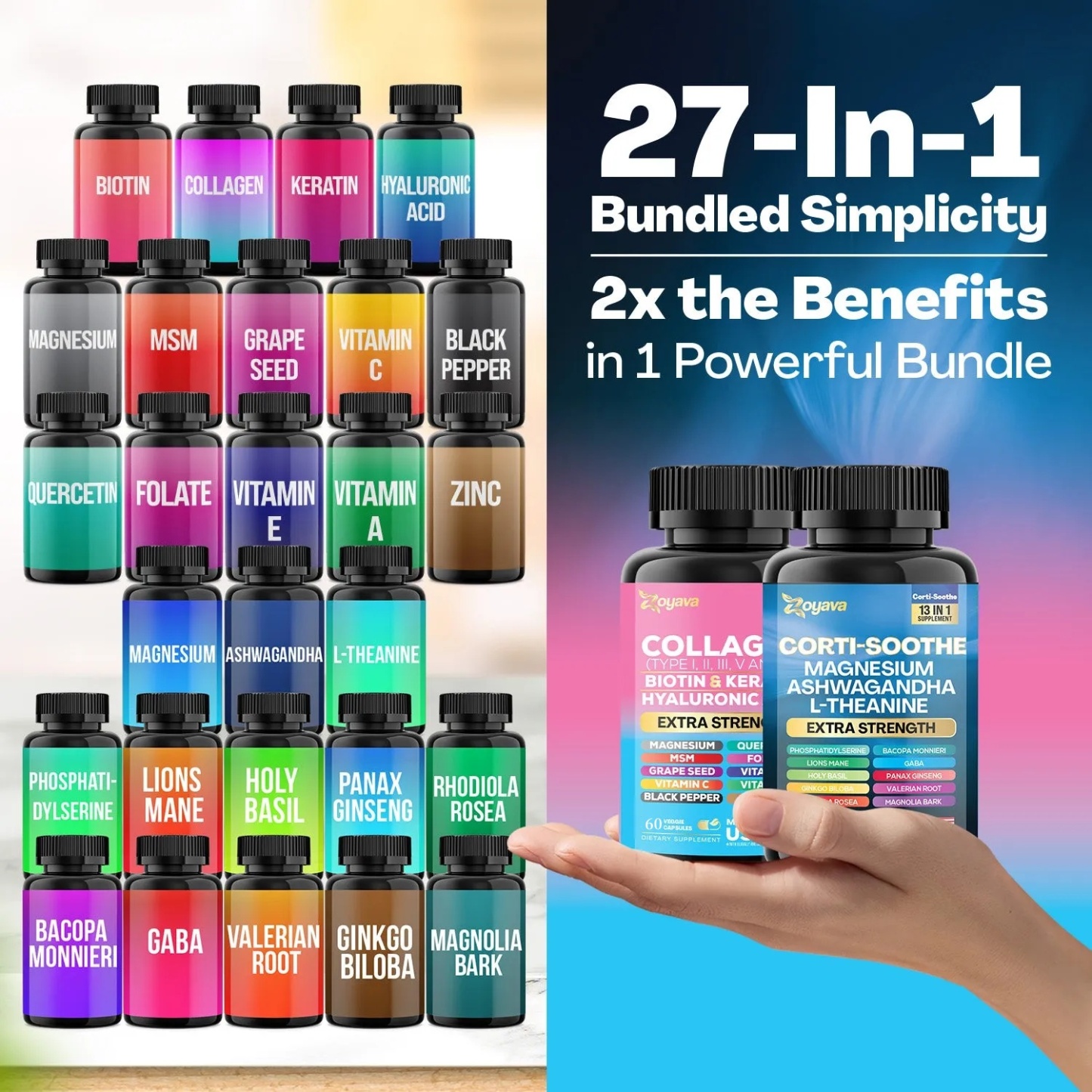 Zoyava™ Shining Serenity Set - Corti-Soothe & Cosmic Collagen Bundle: Wellness & Beauty Supplements